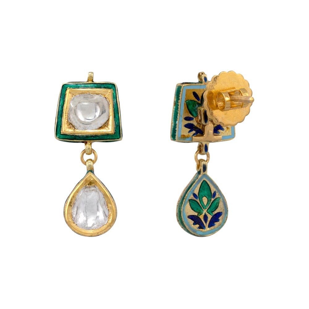 Green Meenakari Earrings with Polki and Pear-Shaped Drop